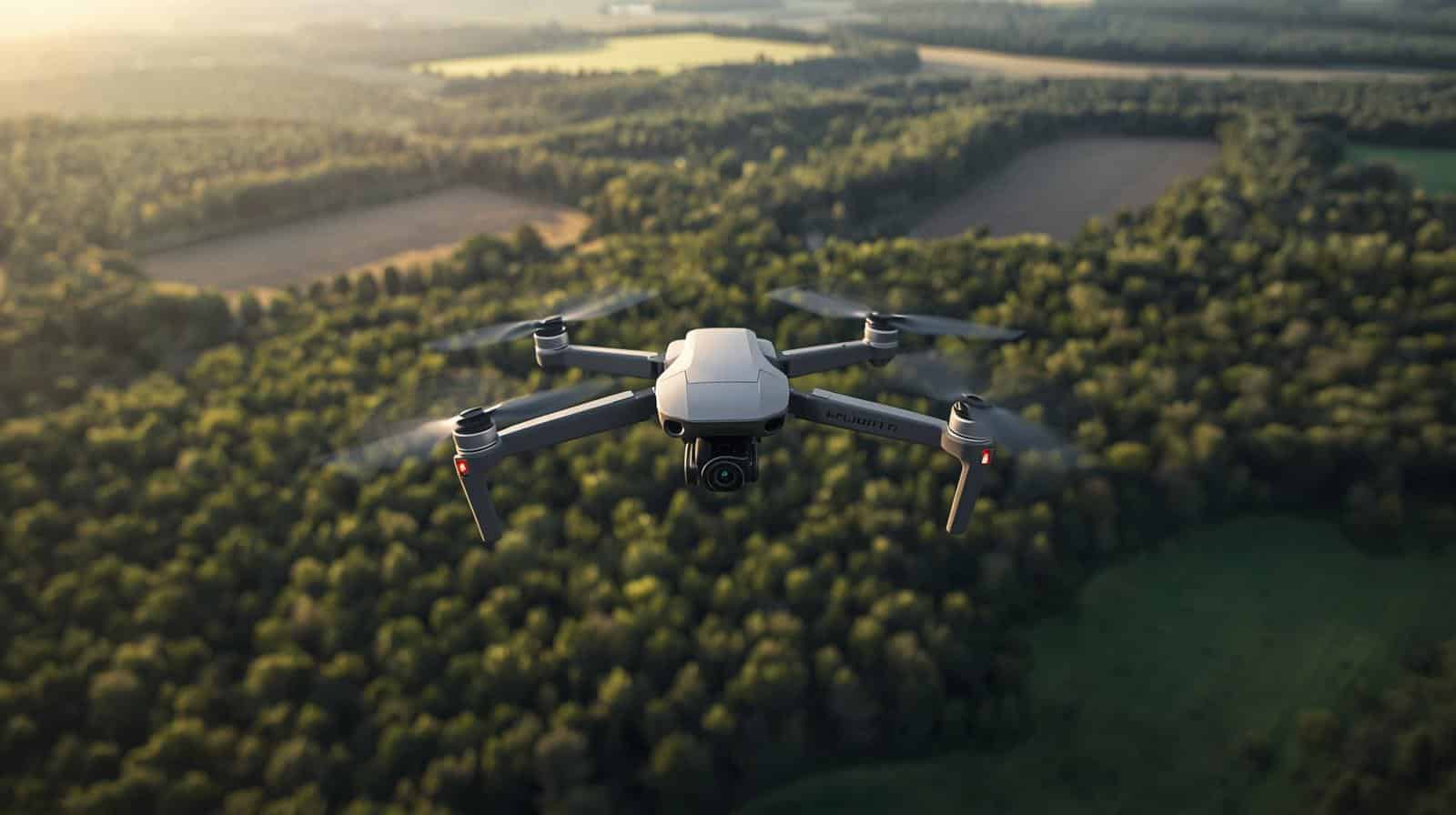 Fliegende Drohne über Wald